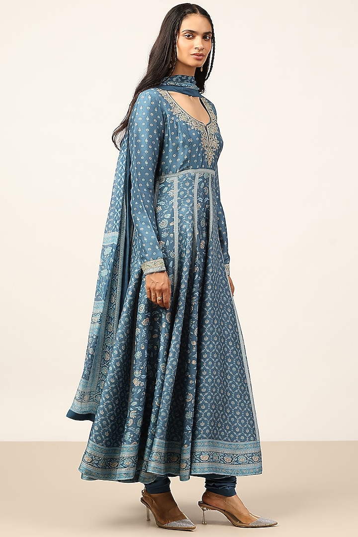 Teal Blue Silk Floral Embroidered Kurta Set by Ritu Kumar at Pernia's Pop Up Shop