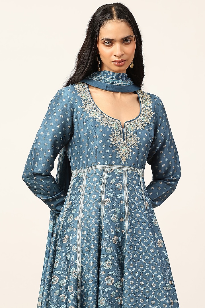 Teal Blue Silk Floral Embroidered Kurta Set by Ritu Kumar at Pernia's Pop Up Shop