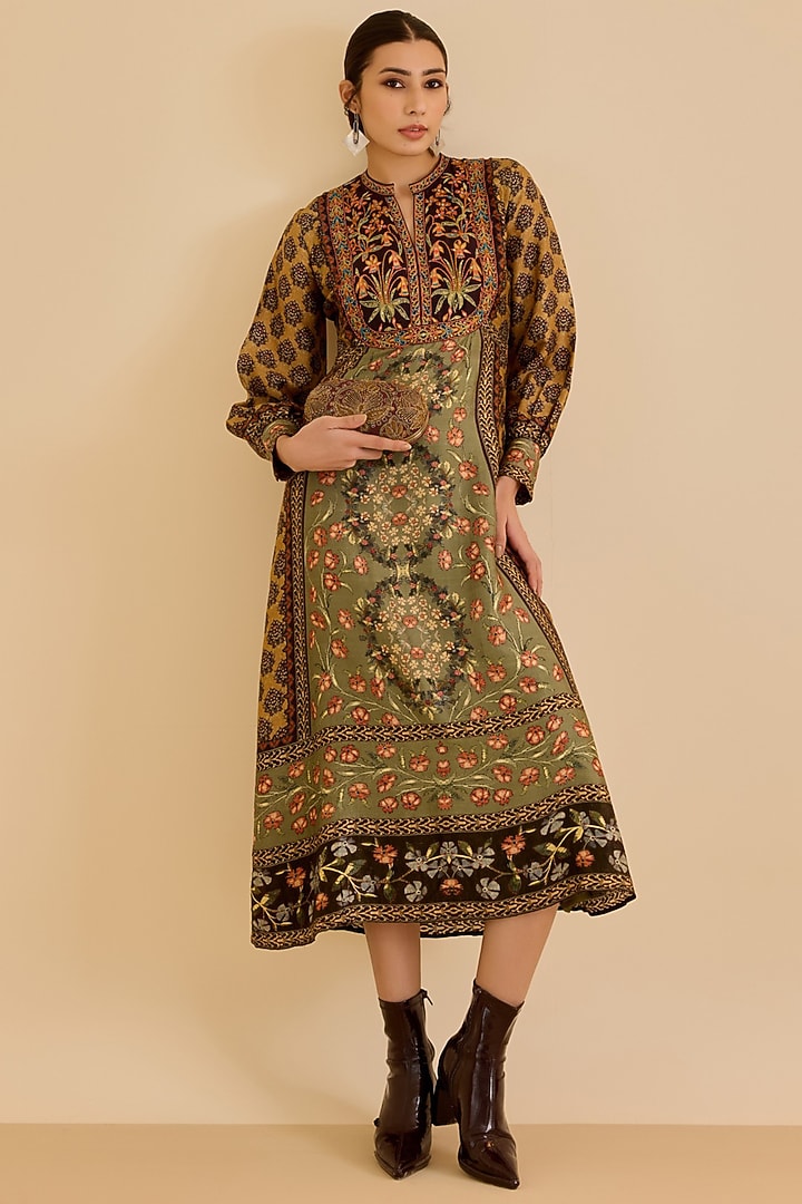 Khaki & Black Silk Floral Printed Midi Vacation Dress by Ritu Kumar at Pernia's Pop Up Shop