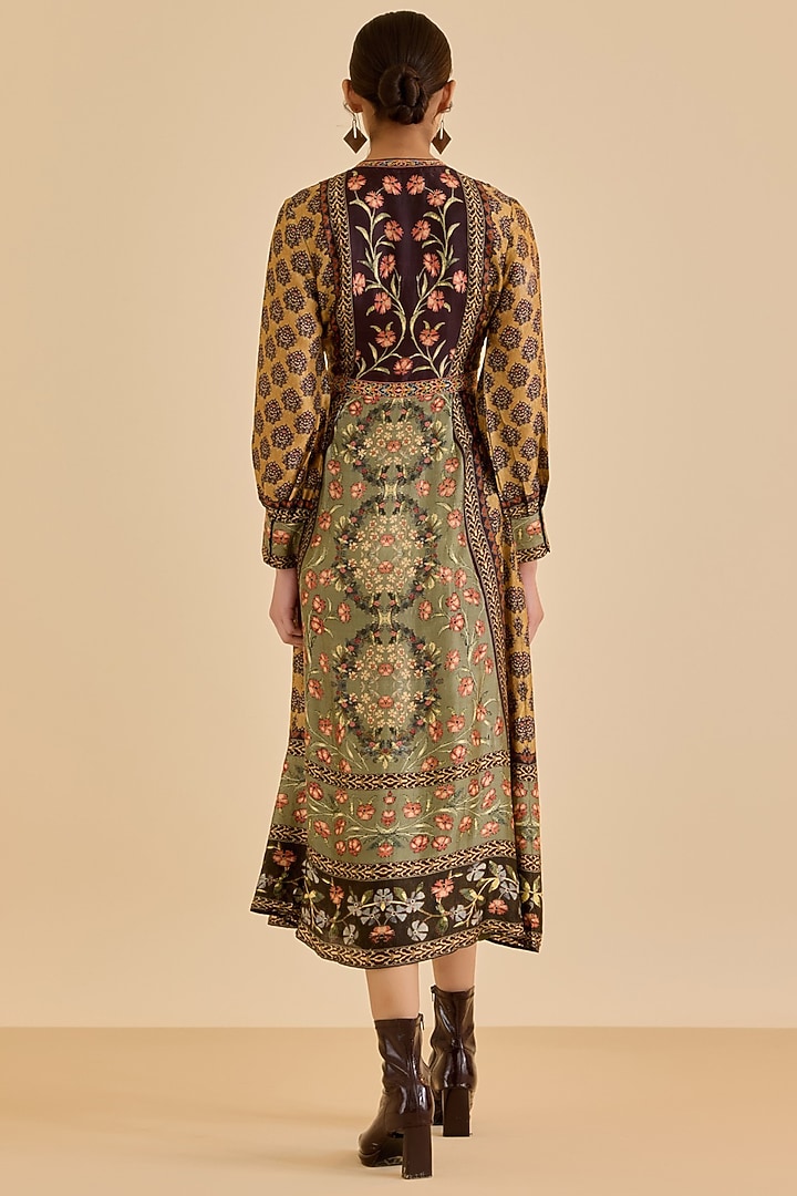 Khaki & Black Silk Floral Printed Midi Vacation Dress by Ritu Kumar at Pernia's Pop Up Shop