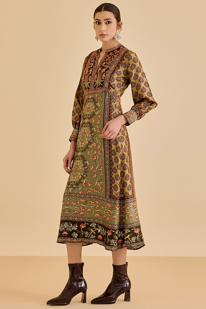 Khaki & Black Silk Floral Printed Midi Vacation Dress by Ritu Kumar at Pernia's Pop Up Shop