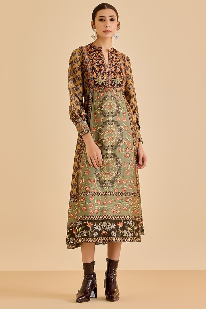 Khaki & Black Silk Floral Printed Midi Vacation Dress by Ritu Kumar at Pernia's Pop Up Shop