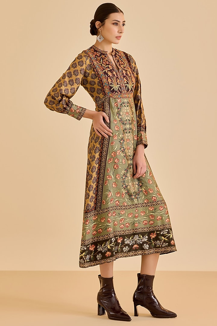 Khaki & Black Silk Floral Printed Midi Vacation Dress by Ritu Kumar at Pernia's Pop Up Shop