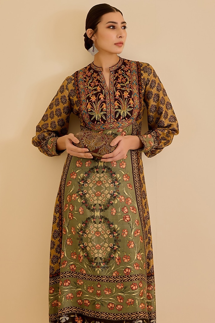 Khaki & Black Silk Floral Printed Midi Vacation Dress by Ritu Kumar at Pernia's Pop Up Shop