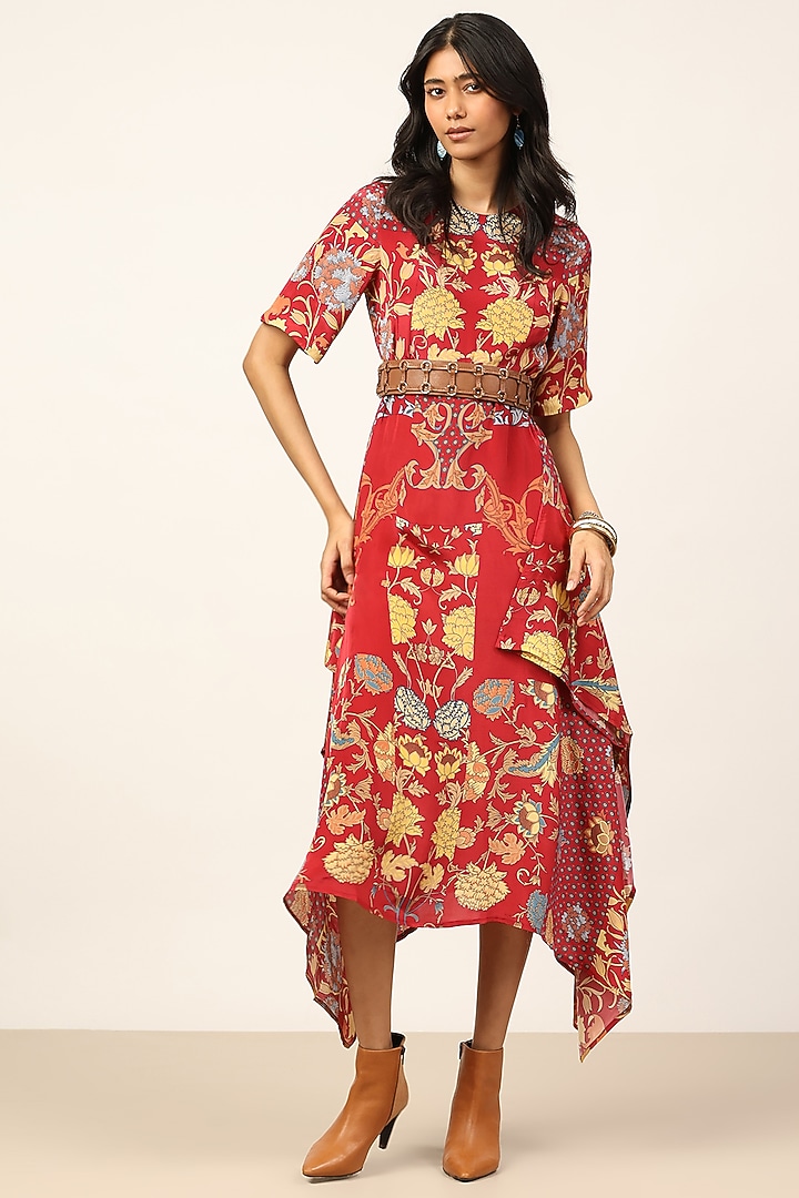 Red & Beige Viscose Floral Printed Midi Summer Dress by Ritu Kumar at Pernia's Pop Up Shop
