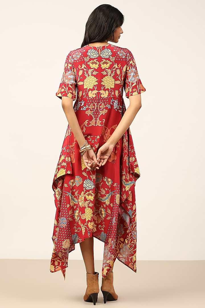 Red & Beige Viscose Floral Printed Midi Summer Dress by Ritu Kumar at Pernia's Pop Up Shop