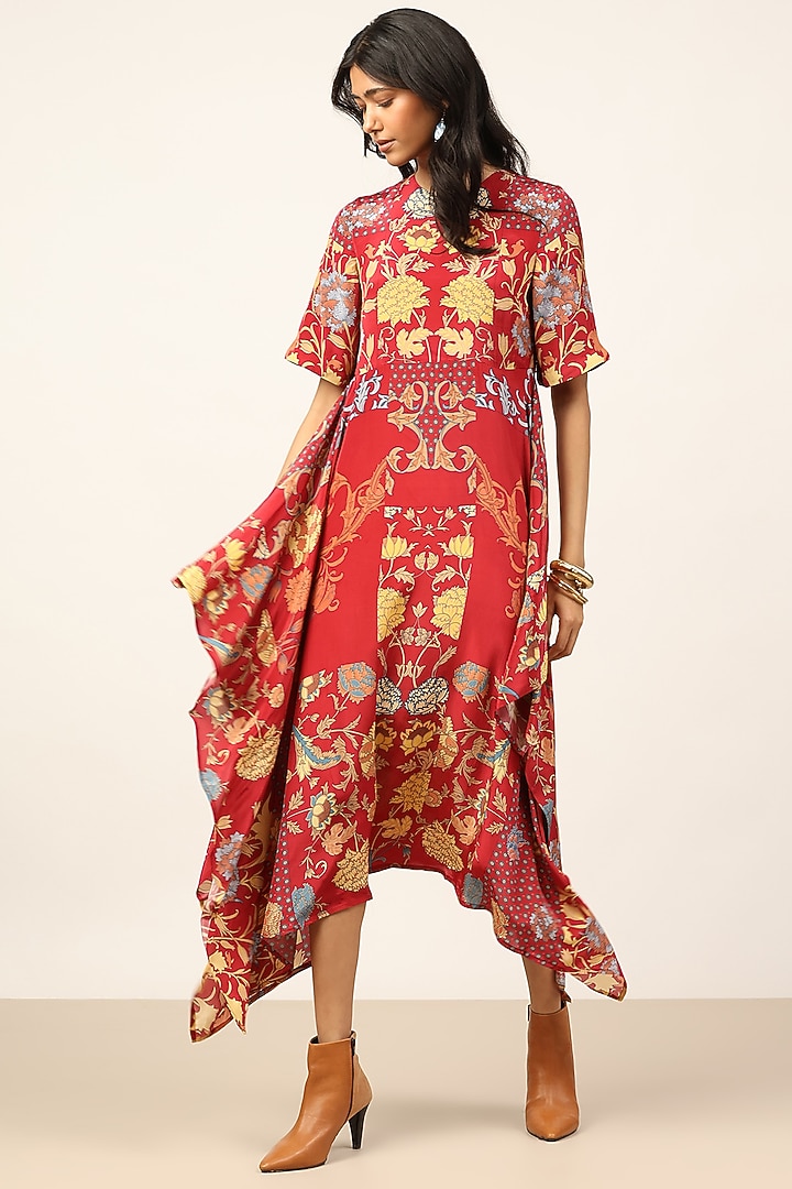 Red & Beige Viscose Floral Printed Midi Summer Dress by Ritu Kumar at Pernia's Pop Up Shop