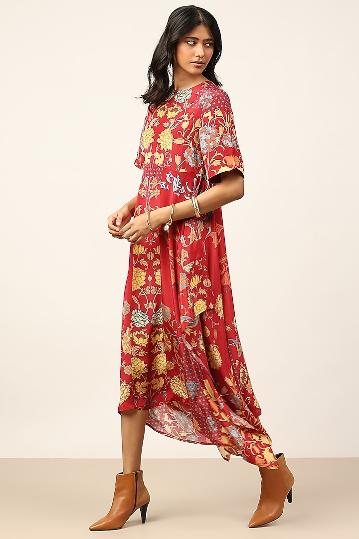 Red & Beige Viscose Floral Printed Midi Summer Dress by Ritu Kumar at Pernia's Pop Up Shop