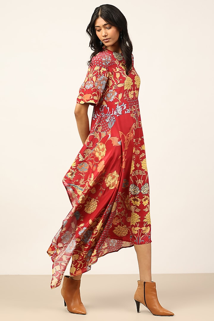 Red & Beige Viscose Floral Printed Midi Summer Dress by Ritu Kumar at Pernia's Pop Up Shop