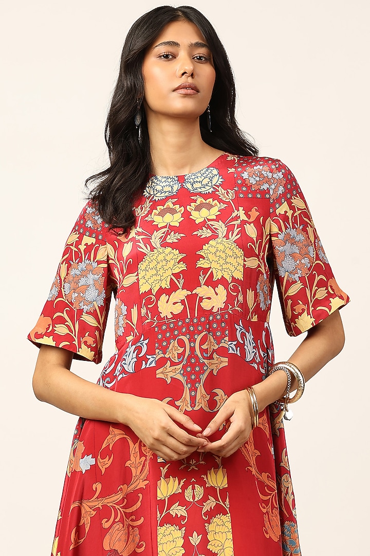 Red & Beige Viscose Floral Printed Midi Summer Dress by Ritu Kumar at Pernia's Pop Up Shop