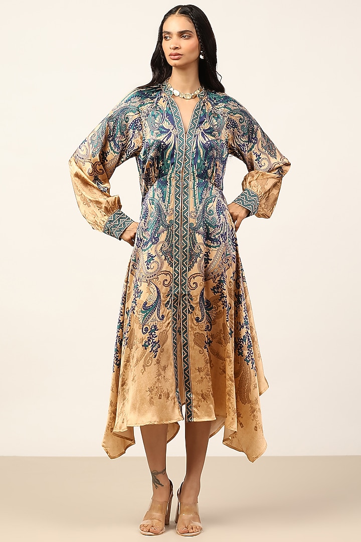 Beige & Indigo Silk Floral Printed Midi Cocktail Dress by Ritu Kumar at Pernia's Pop Up Shop