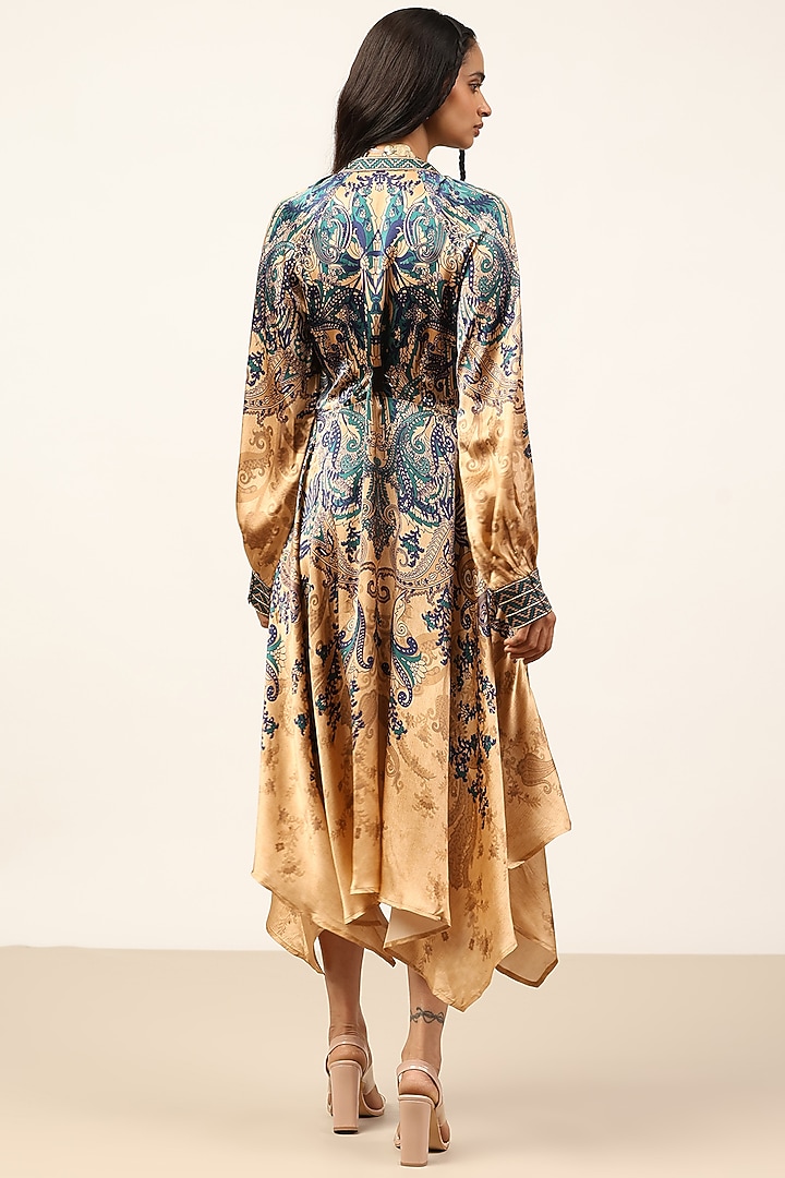 Beige & Indigo Silk Floral Printed Midi Cocktail Dress by Ritu Kumar at Pernia's Pop Up Shop