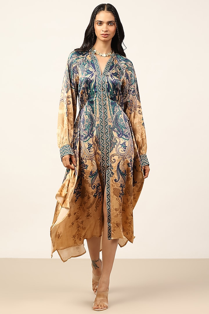 Beige & Indigo Silk Floral Printed Midi Cocktail Dress by Ritu Kumar at Pernia's Pop Up Shop