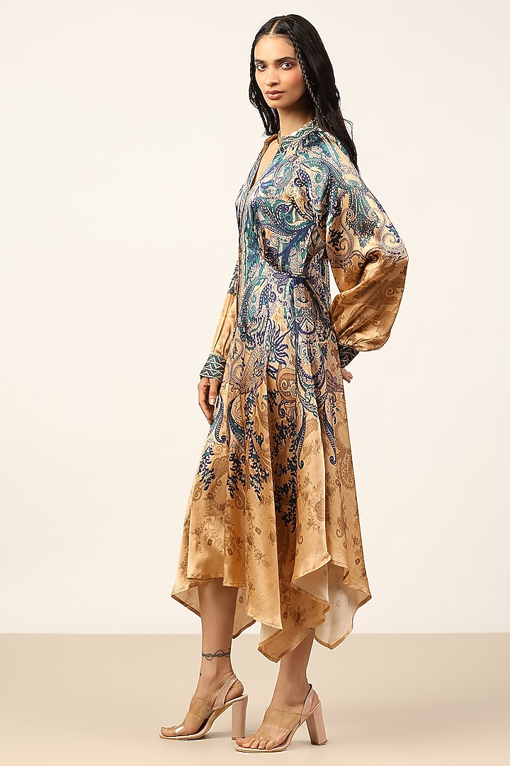 Beige & Indigo Silk Floral Printed Midi Cocktail Dress by Ritu Kumar at Pernia's Pop Up Shop