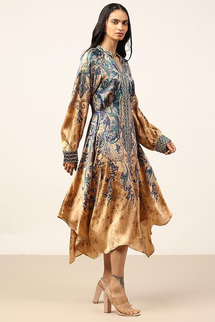 Beige & Indigo Silk Floral Printed Midi Cocktail Dress by Ritu Kumar at Pernia's Pop Up Shop