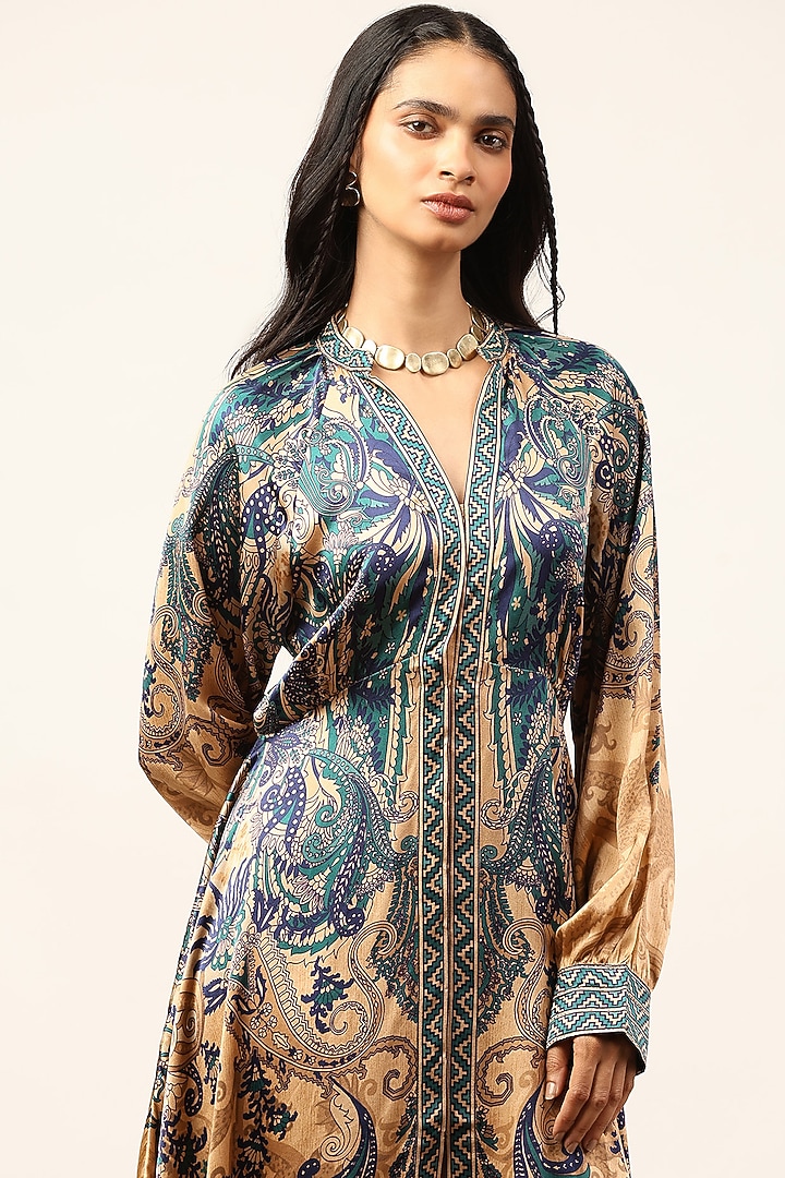 Beige & Indigo Silk Floral Printed Midi Cocktail Dress by Ritu Kumar at Pernia's Pop Up Shop