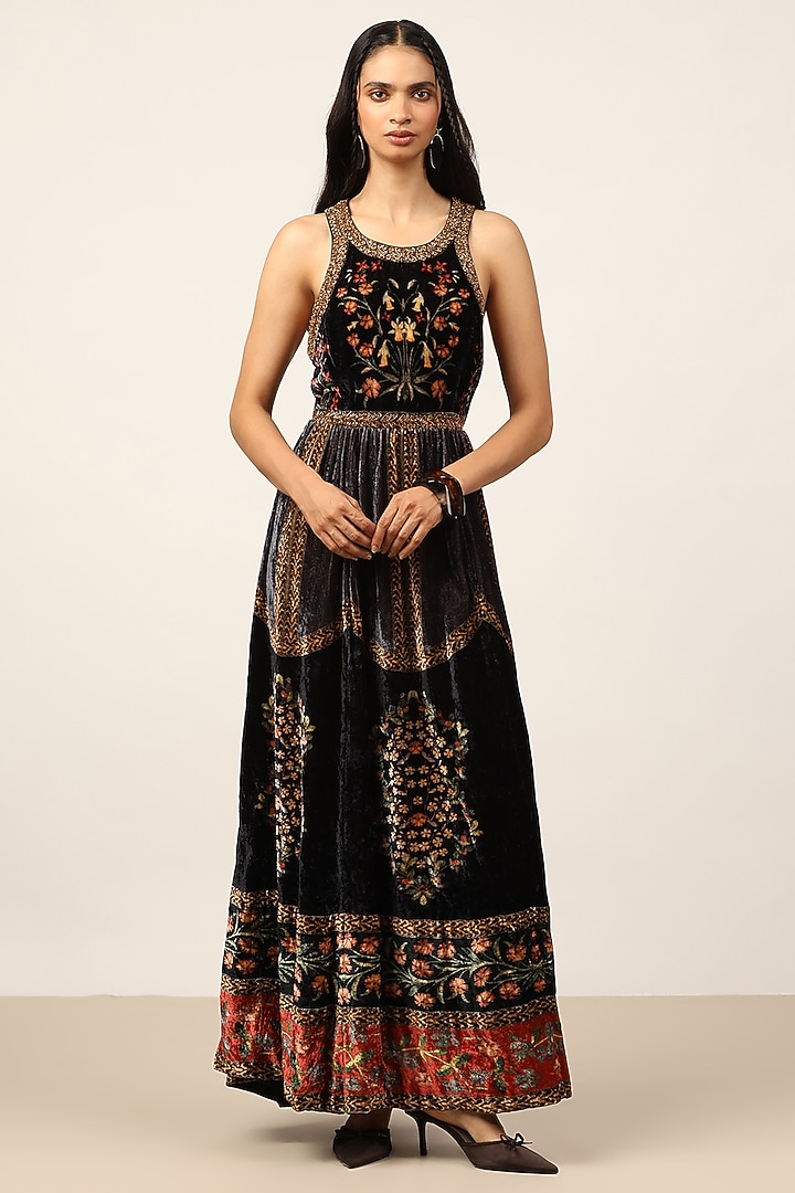 Black & Rust Silk Floral Printed Maxi Vacation Dress by Ritu Kumar at Pernia's Pop Up Shop