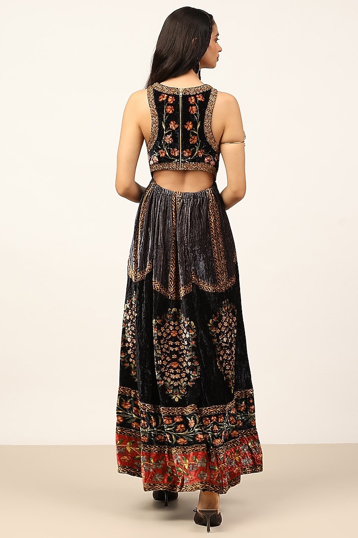 Black & Rust Silk Floral Printed Maxi Vacation Dress by Ritu Kumar at Pernia's Pop Up Shop