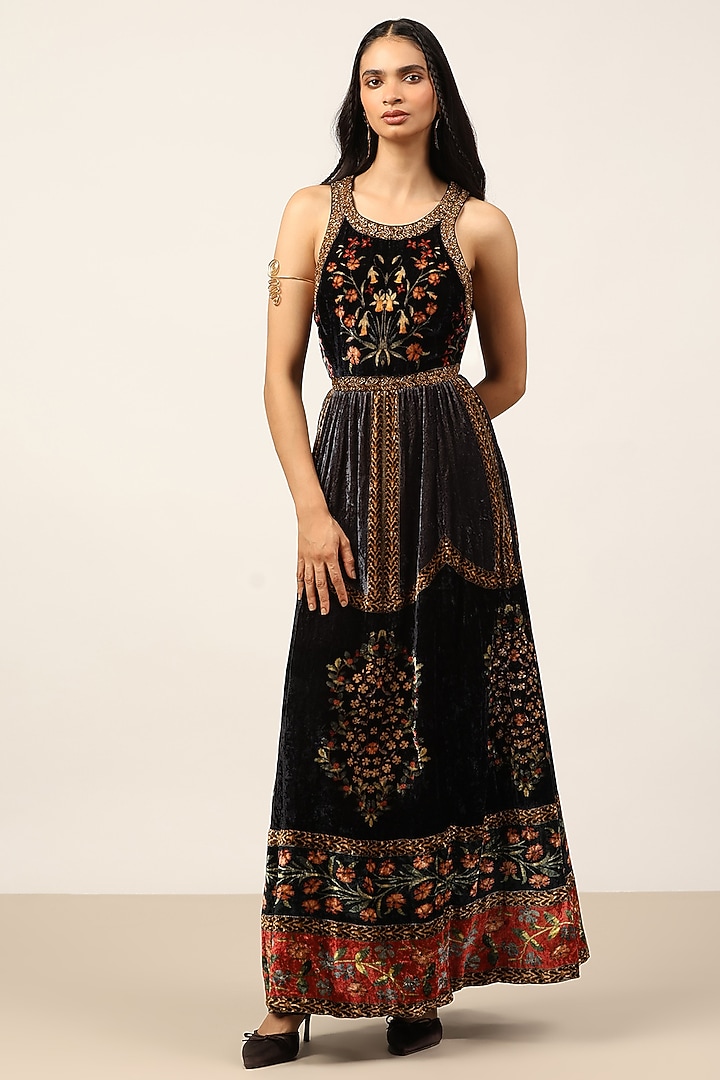 Black & Rust Silk Floral Printed Maxi Vacation Dress by Ritu Kumar at Pernia's Pop Up Shop
