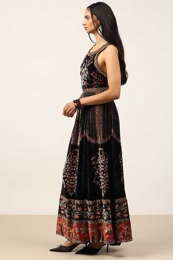 Black & Rust Silk Floral Printed Maxi Vacation Dress by Ritu Kumar at Pernia's Pop Up Shop