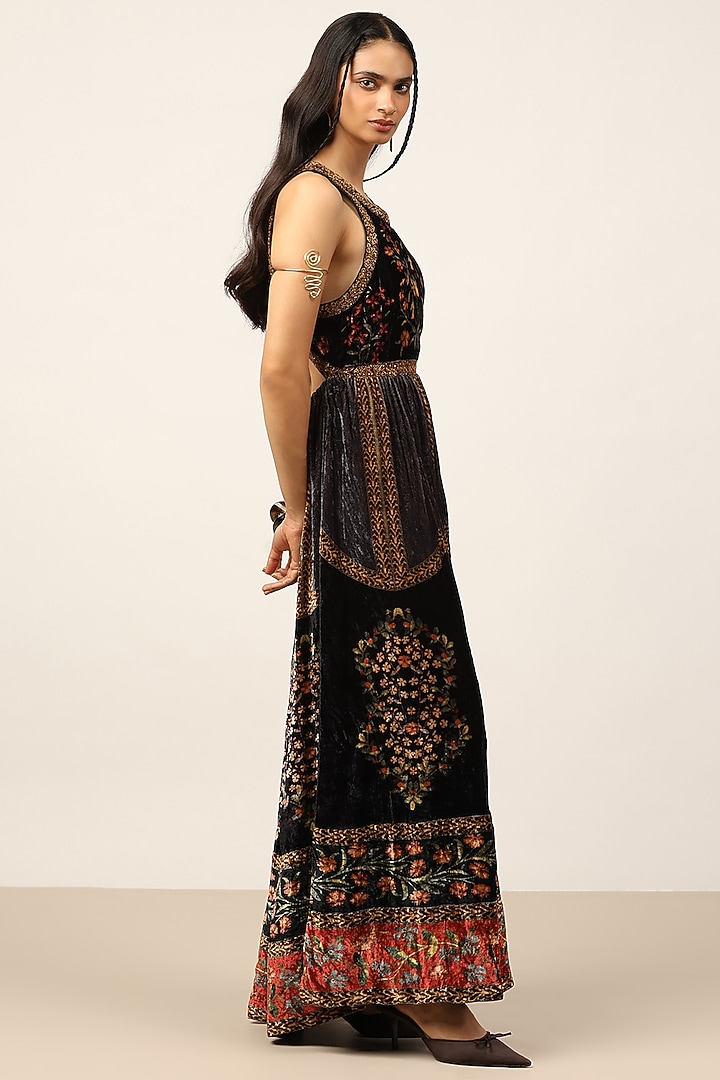Black & Rust Silk Floral Printed Maxi Vacation Dress by Ritu Kumar at Pernia's Pop Up Shop
