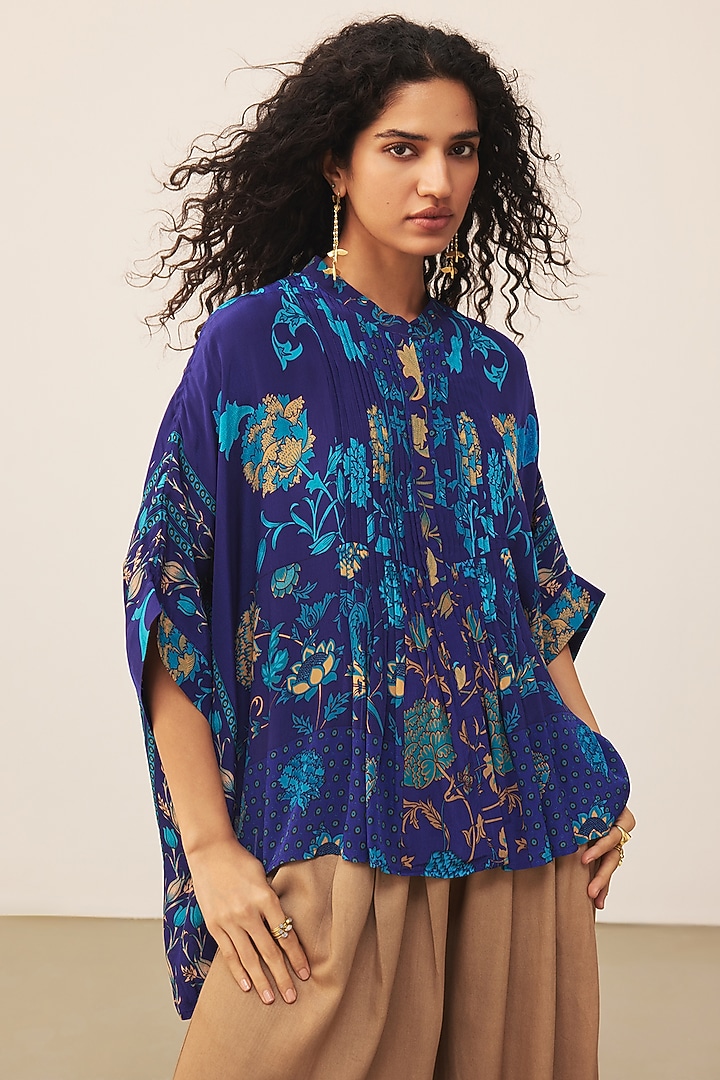 Royal Blue & Turquoise Viscose Floral Printed Kurta by Ritu Kumar at Pernia's Pop Up Shop