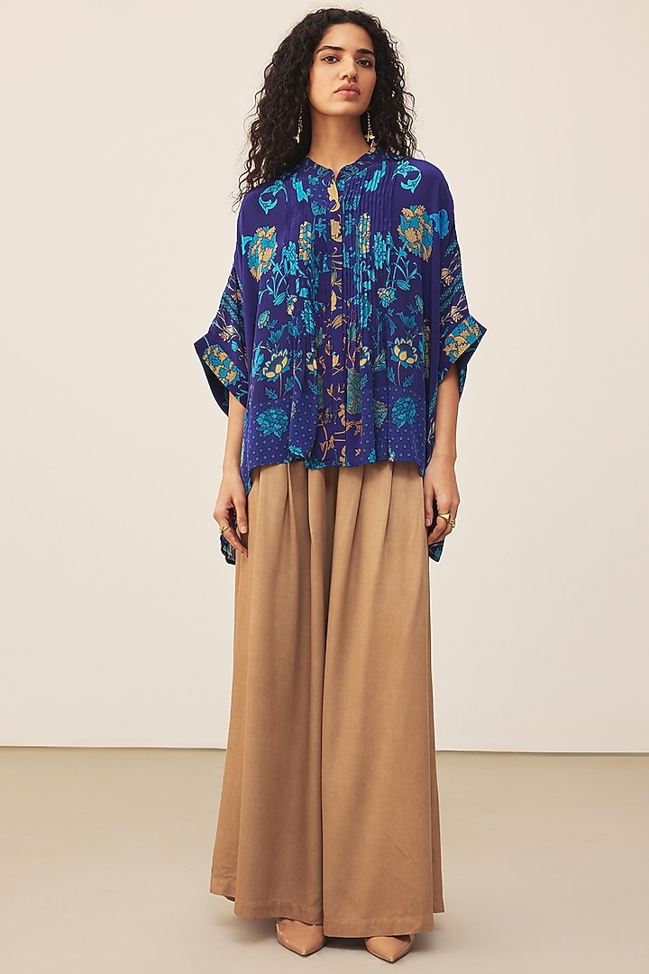 Royal Blue & Turquoise Viscose Floral Printed Kurta by Ritu Kumar at Pernia's Pop Up Shop