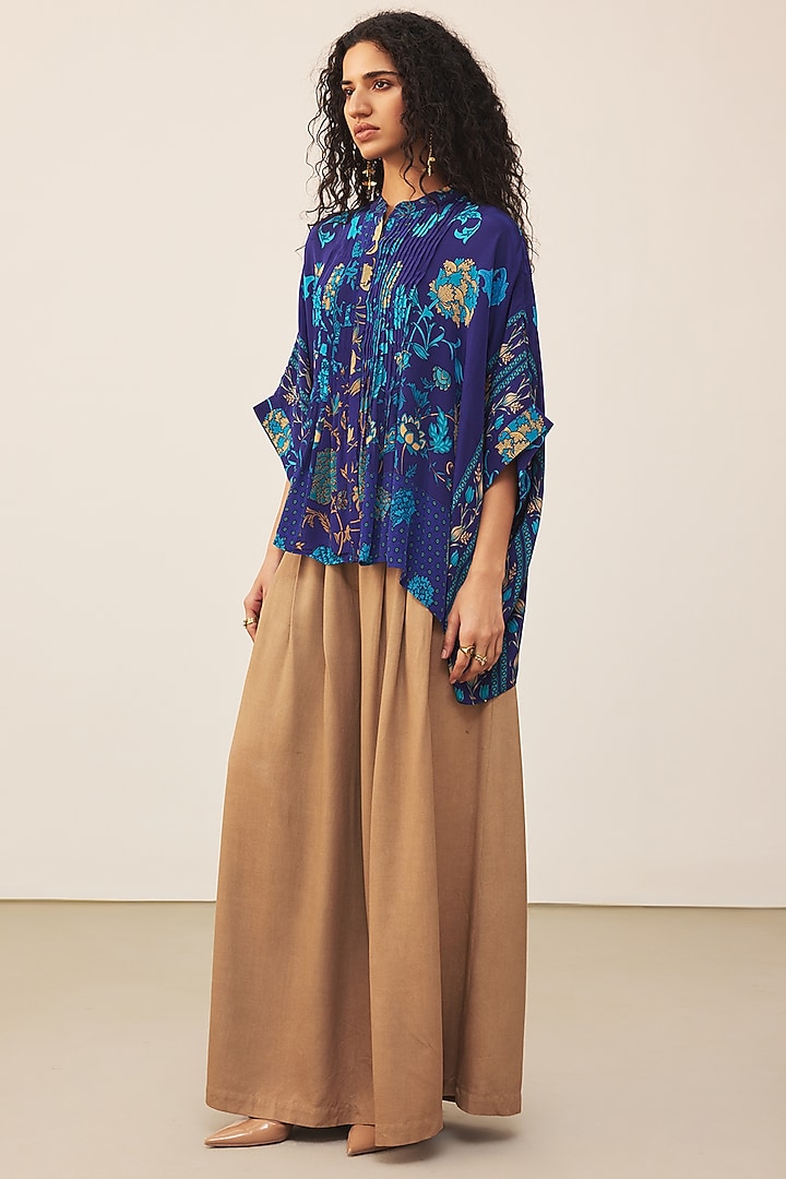 Royal Blue & Turquoise Viscose Floral Printed Kurta by Ritu Kumar at Pernia's Pop Up Shop