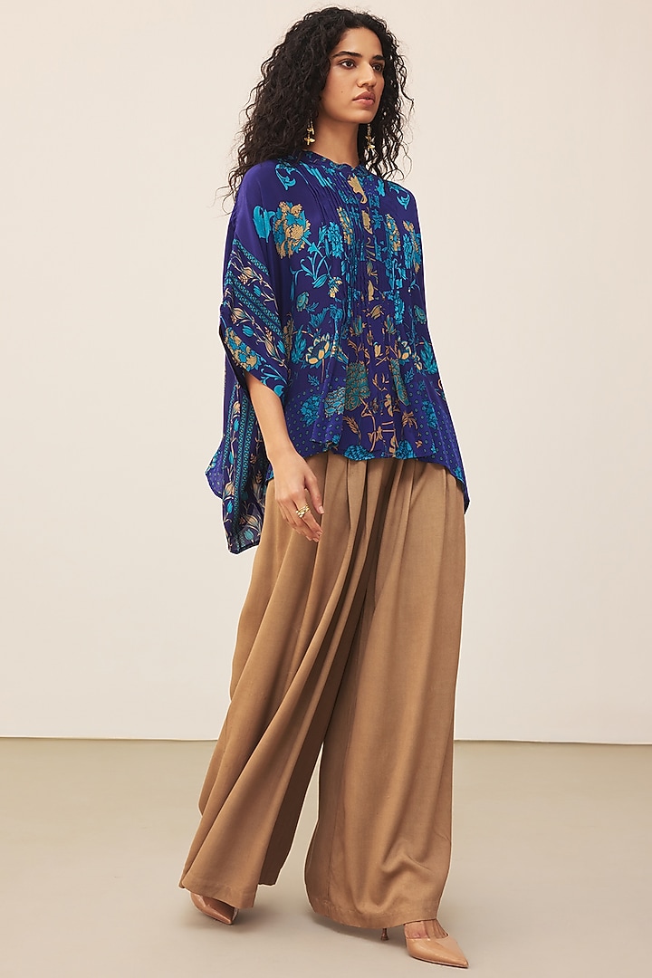 Royal Blue & Turquoise Viscose Floral Printed Kurta by Ritu Kumar at Pernia's Pop Up Shop