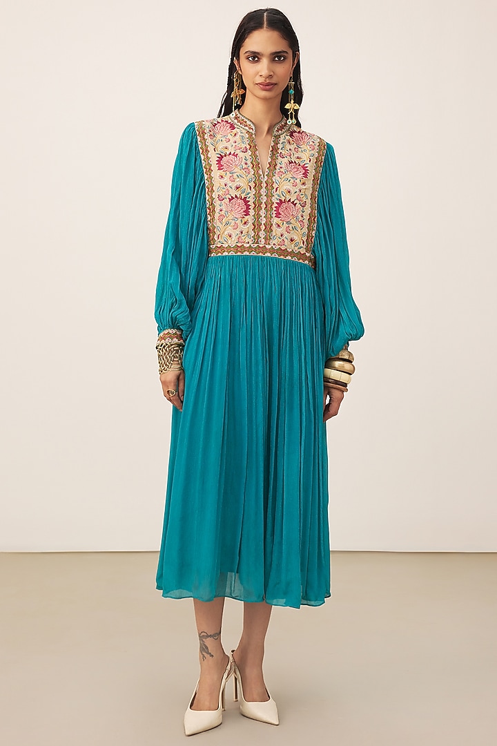 Teal Viscose Chinon Midi Summer Dress by Ritu Kumar at Pernia's Pop Up Shop