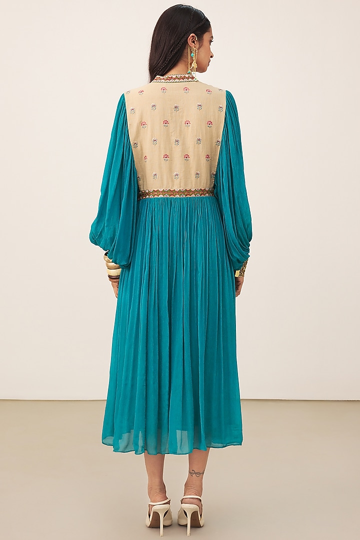 Teal Viscose Chinon Midi Summer Dress by Ritu Kumar at Pernia's Pop Up Shop