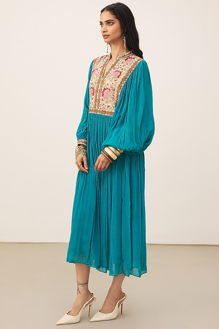 Teal Viscose Chinon Midi Summer Dress by Ritu Kumar at Pernia's Pop Up Shop