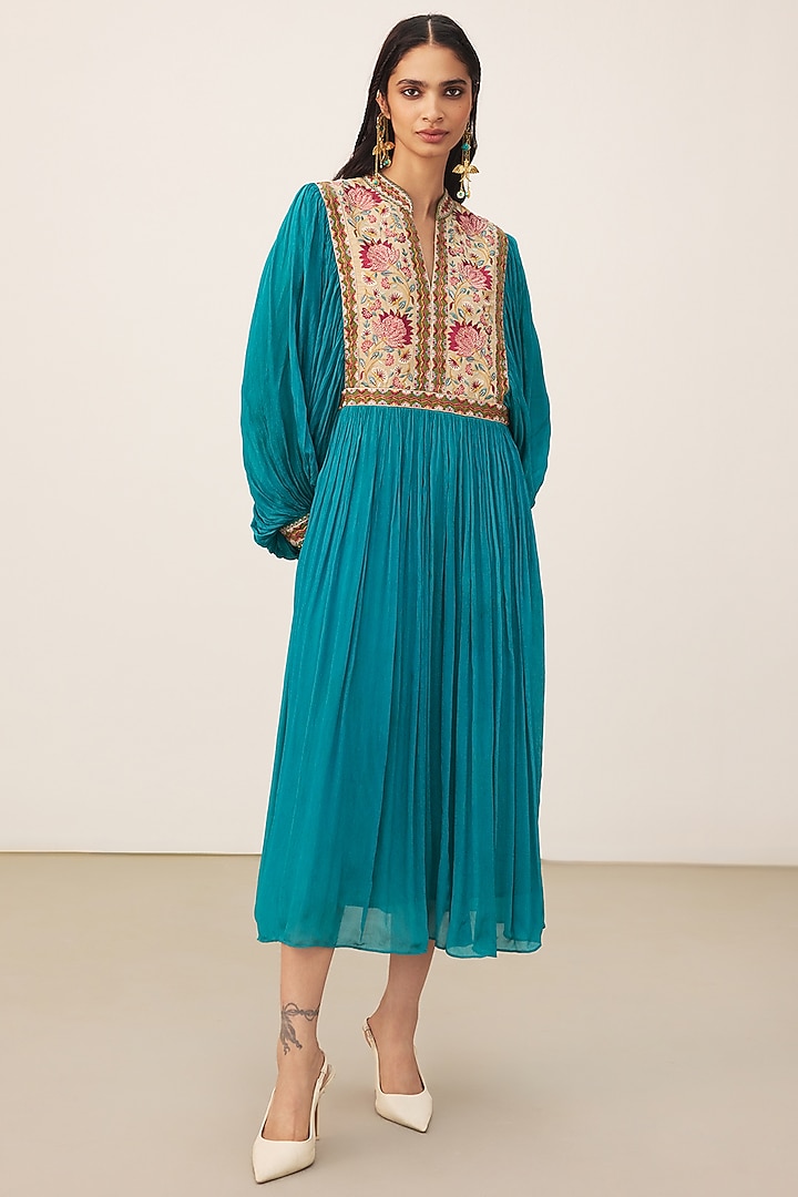 Teal Viscose Chinon Midi Summer Dress by Ritu Kumar at Pernia's Pop Up Shop
