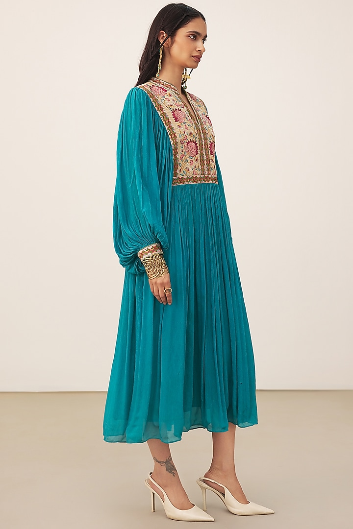 Teal Viscose Chinon Midi Summer Dress by Ritu Kumar at Pernia's Pop Up Shop