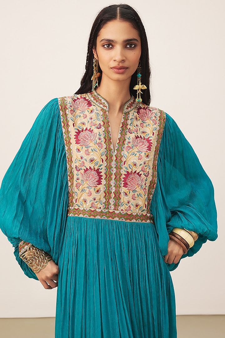Teal Viscose Chinon Midi Summer Dress by Ritu Kumar at Pernia's Pop Up Shop