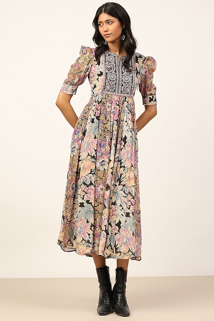 Black & Multi-Colored Viscose Chinon Floral Printed Midi Summer Dress by Ritu Kumar at Pernia's Pop Up Shop