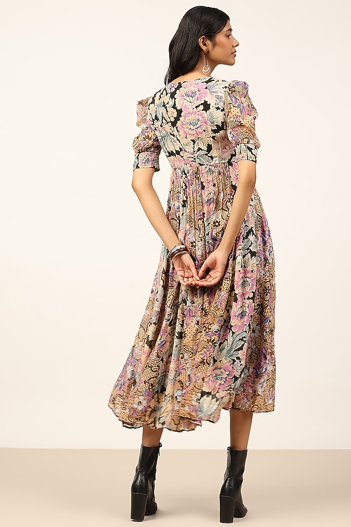 Black & Multi-Colored Viscose Chinon Floral Printed Midi Summer Dress by Ritu Kumar at Pernia's Pop Up Shop