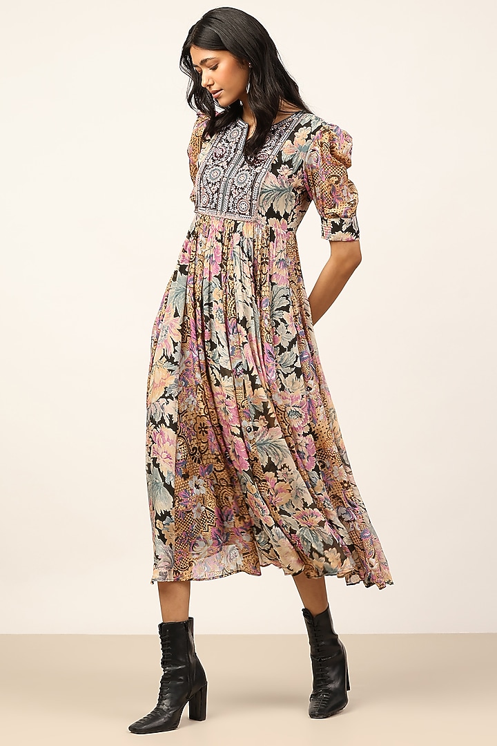 Black & Multi-Colored Viscose Chinon Floral Printed Midi Summer Dress by Ritu Kumar at Pernia's Pop Up Shop