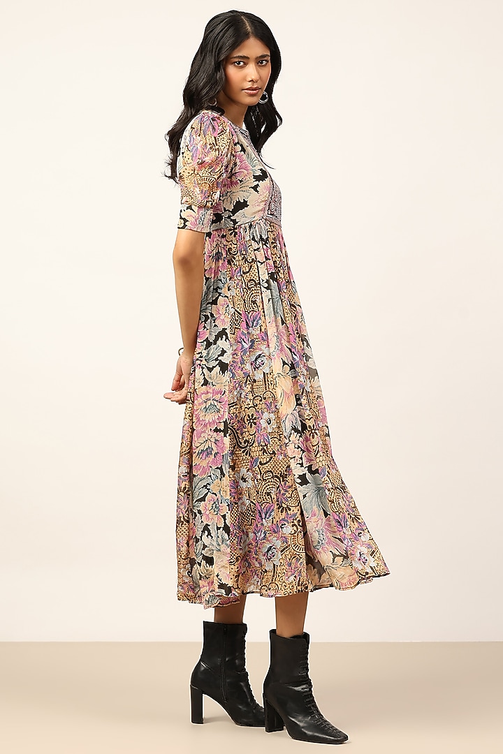 Black & Multi-Colored Viscose Chinon Floral Printed Midi Summer Dress by Ritu Kumar at Pernia's Pop Up Shop