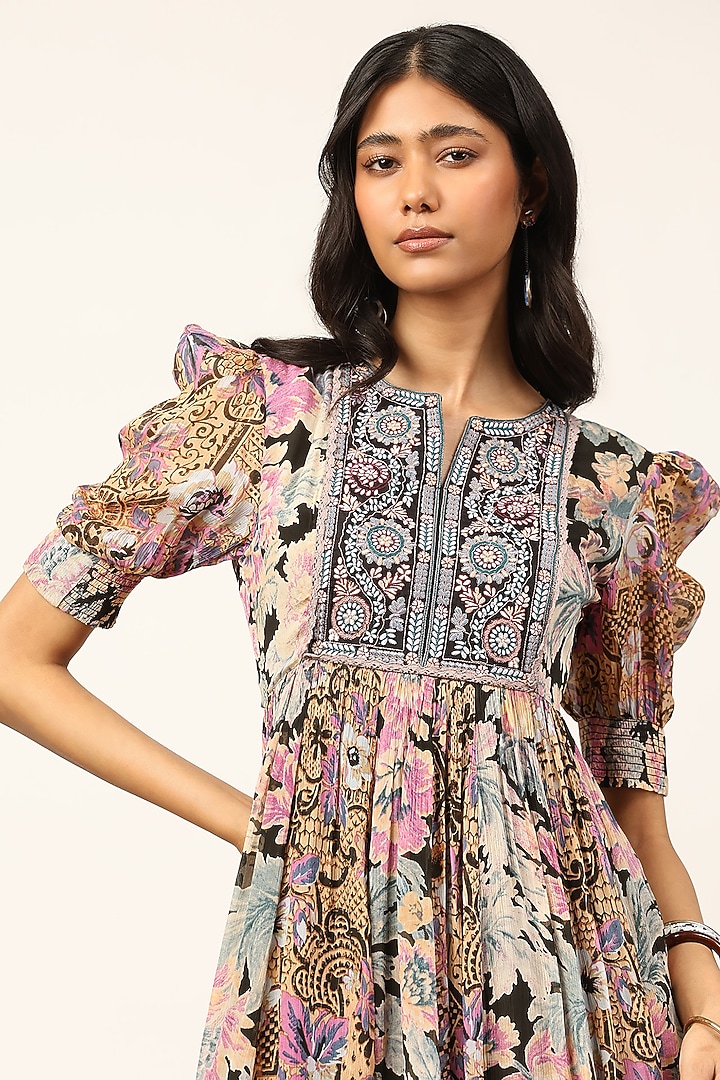 Black & Multi-Colored Viscose Chinon Floral Printed Midi Summer Dress by Ritu Kumar at Pernia's Pop Up Shop
