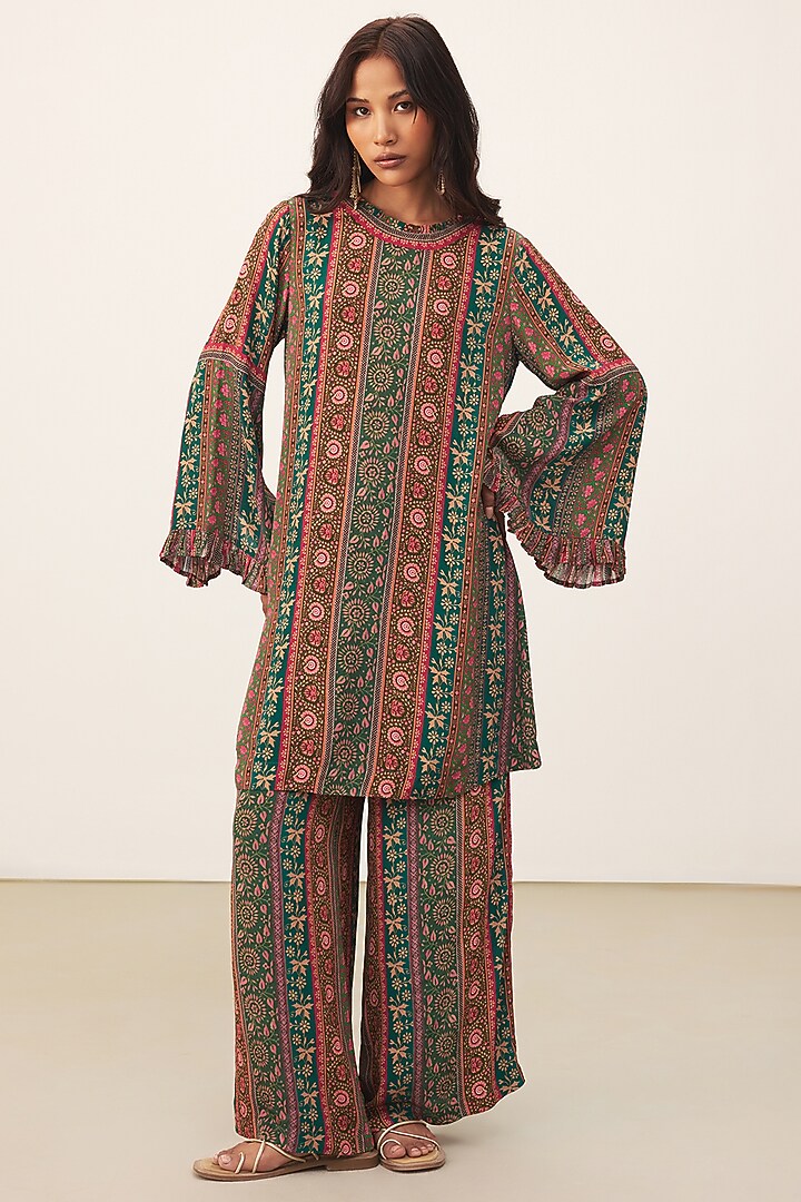 Teal Green Viscose Crepe Printed Kurta Set by Ritu Kumar at Pernia's Pop Up Shop