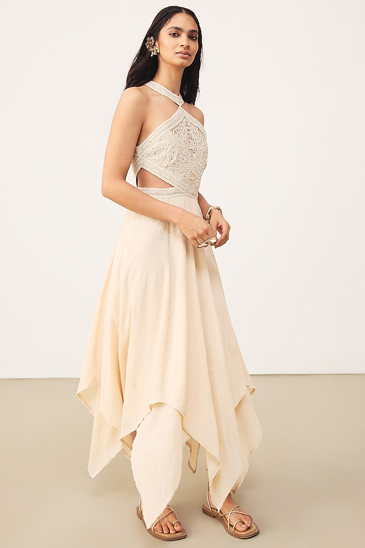 Ecru Bamberg Crinkle Maxi Vacation Dress by Ritu Kumar at Pernia's Pop Up Shop