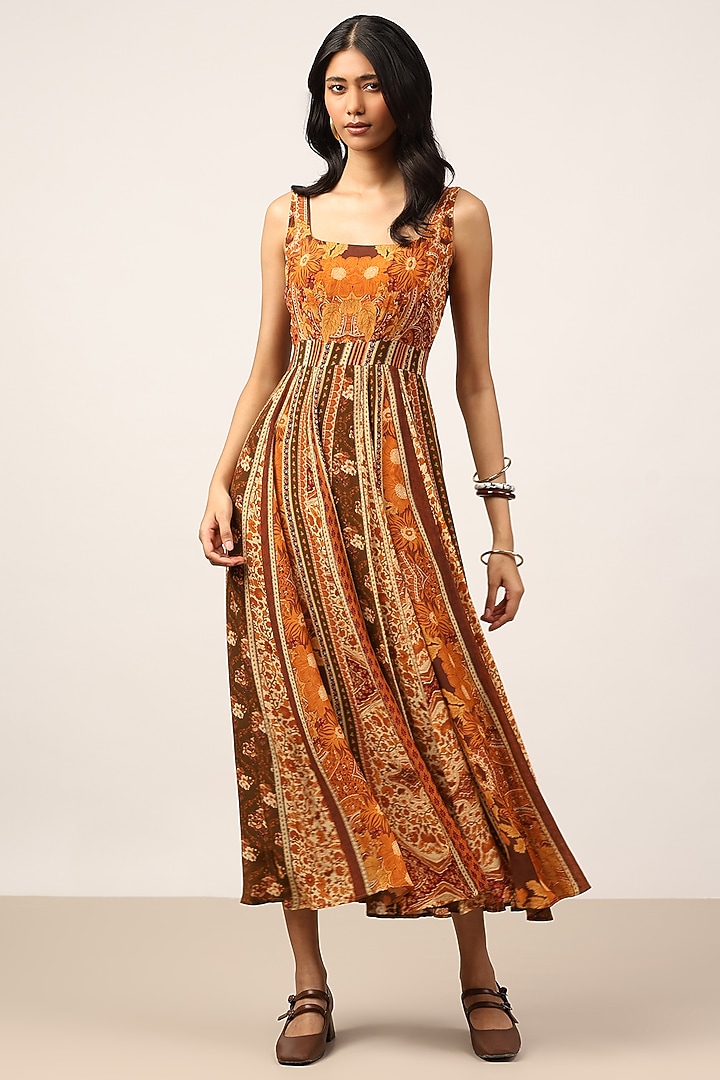 Brown Viscose Blend Paisley Printed Midi Vacation Dress by Ritu Kumar at Pernia's Pop Up Shop