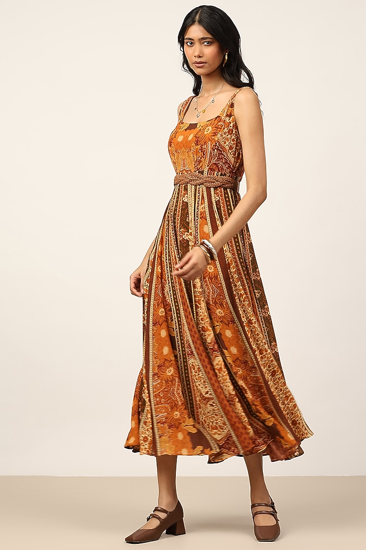 Brown Viscose Blend Paisley Printed Midi Vacation Dress by Ritu Kumar at Pernia's Pop Up Shop