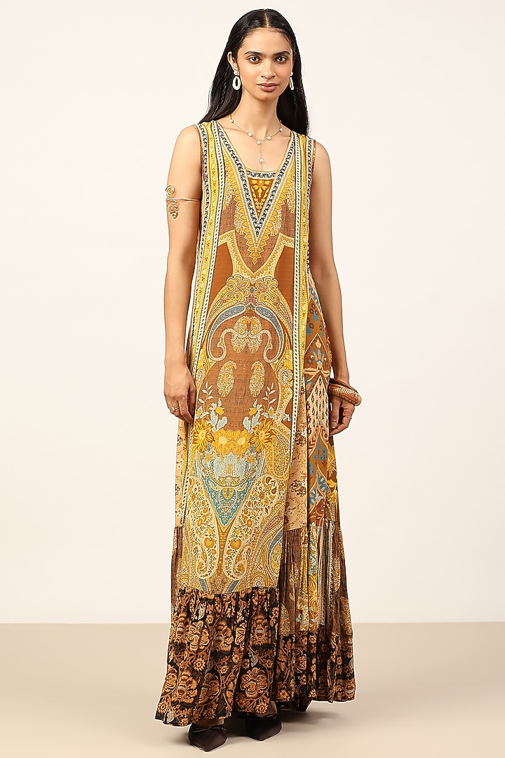 Yellow Viscose Crepe Paisley Printed Maxi Vacation Dress by Ritu Kumar at Pernia's Pop Up Shop