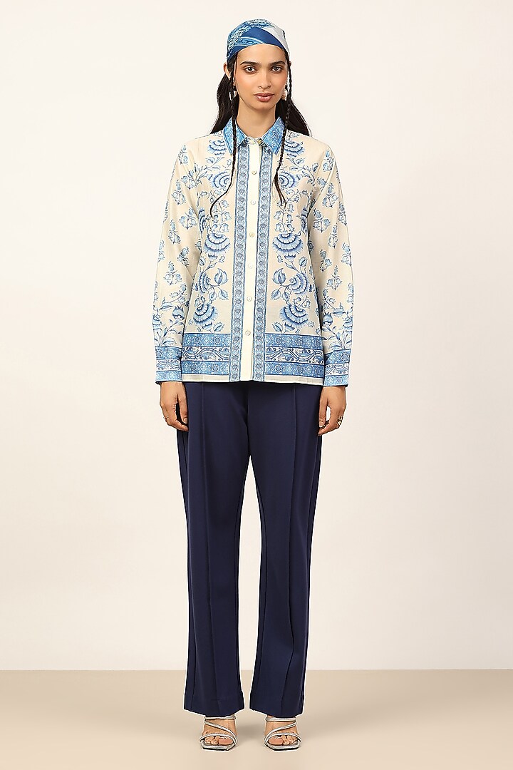 Ecru Chanderi Floral Printed Shirt by Ritu Kumar at Pernia's Pop Up Shop