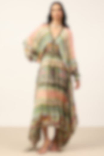 Green Dehri Satin Abstract Printed Midi Vacation Dress by Ritu Kumar at Pernia's Pop Up Shop