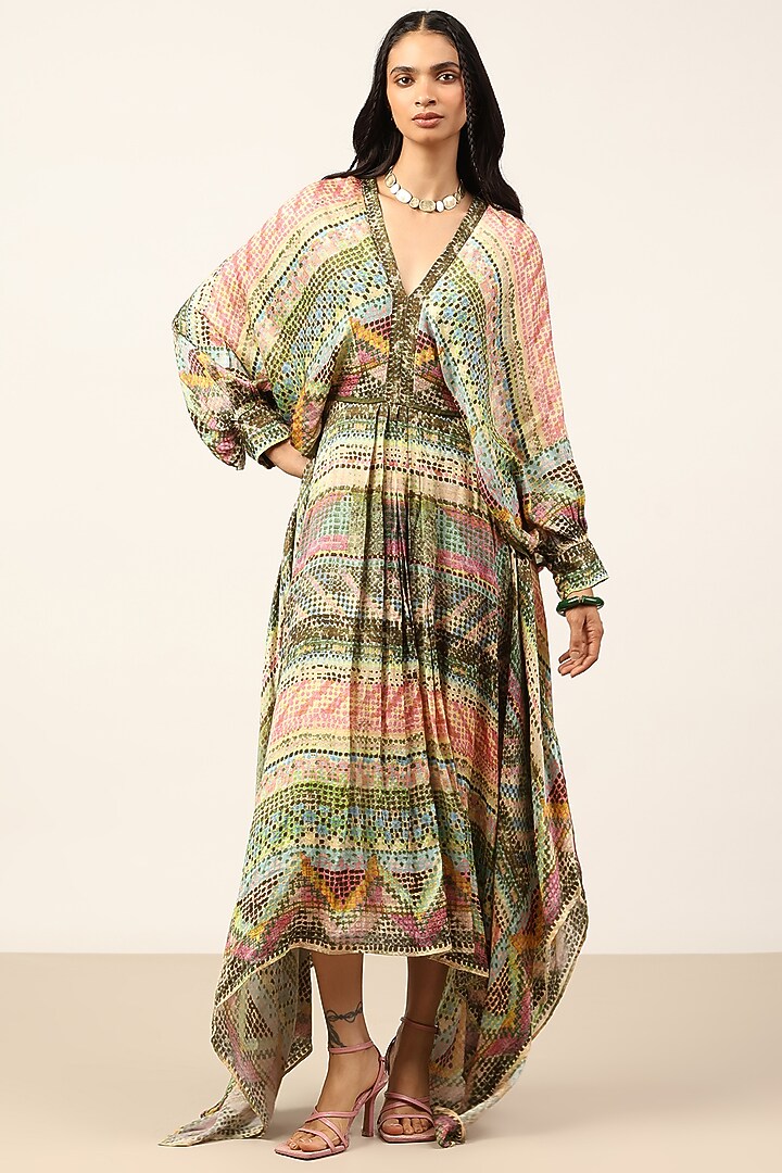Green Dehri Satin Abstract Printed Midi Vacation Dress by Ritu Kumar at Pernia's Pop Up Shop