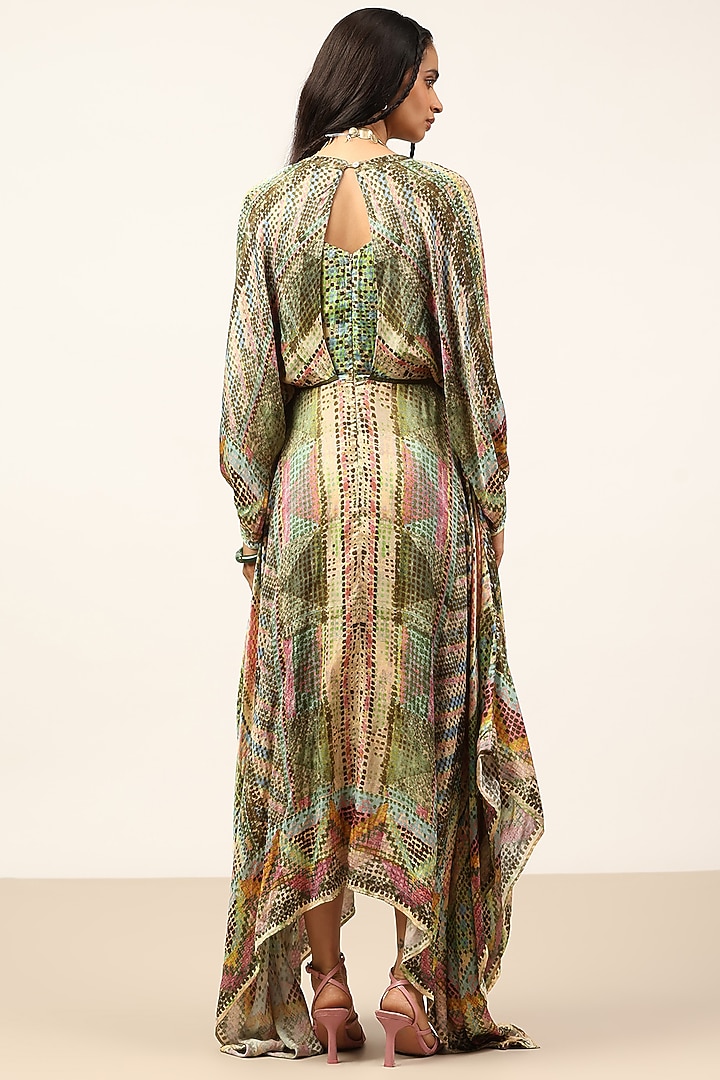 Green Dehri Satin Abstract Printed Midi Vacation Dress by Ritu Kumar at Pernia's Pop Up Shop