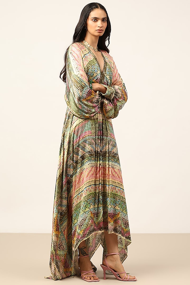 Green Dehri Satin Abstract Printed Midi Vacation Dress by Ritu Kumar at Pernia's Pop Up Shop
